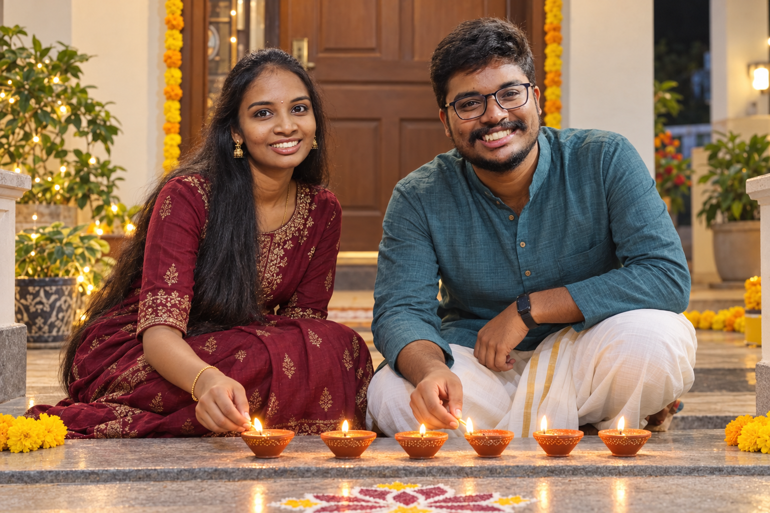 A hopeful scene for 2027: kavya and Gowtham annayya lighting clay diyas outside their home for Deepavali