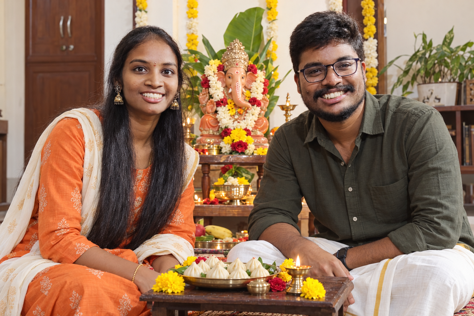 A hopeful scene for 2027: kavya and Gowtham annayya celebrating Vinayaka Chavithi with a small clay Ganesha