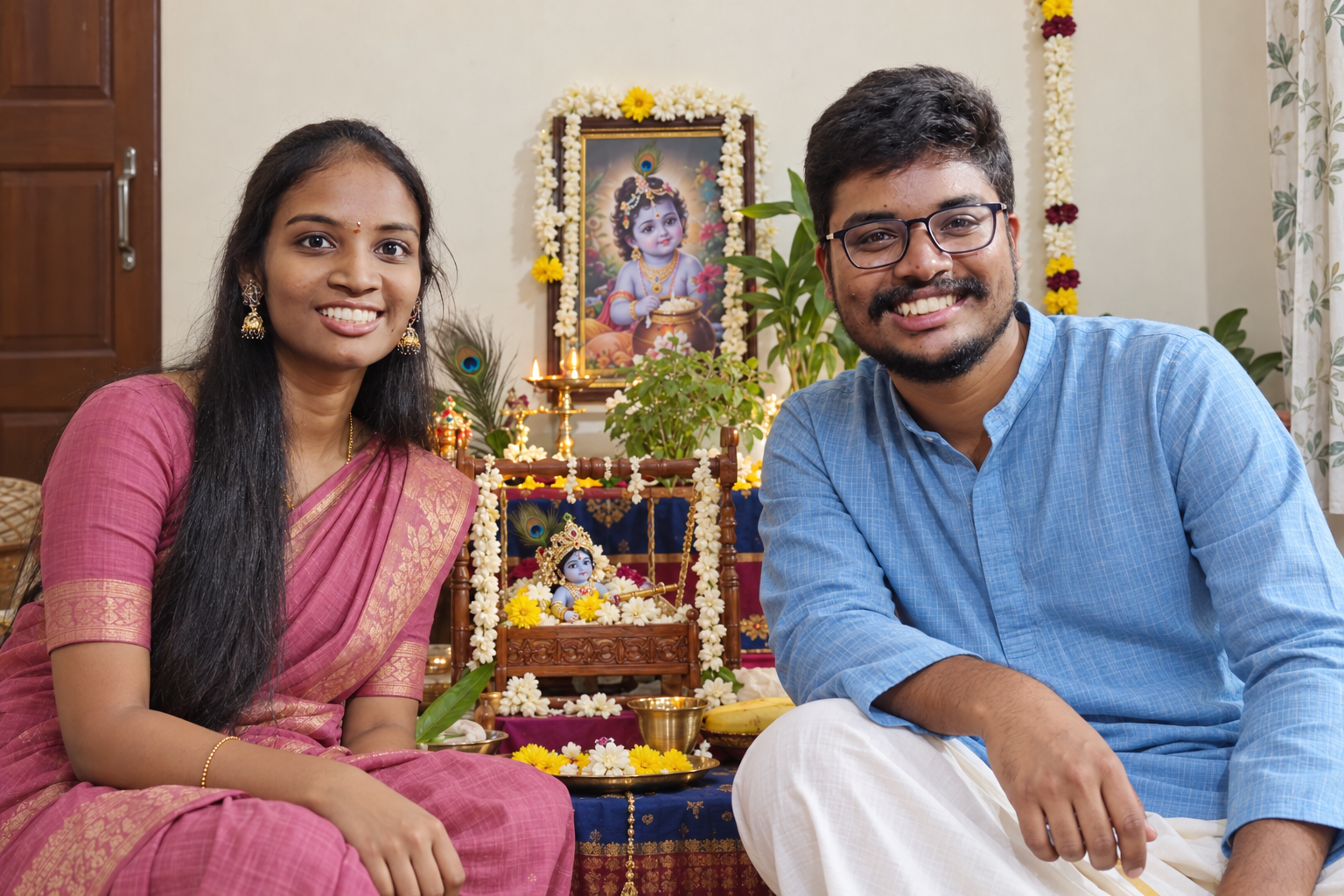 A hopeful scene for 2027: kavya and Gowtham annayya beside a small Krishna cradle and home altar