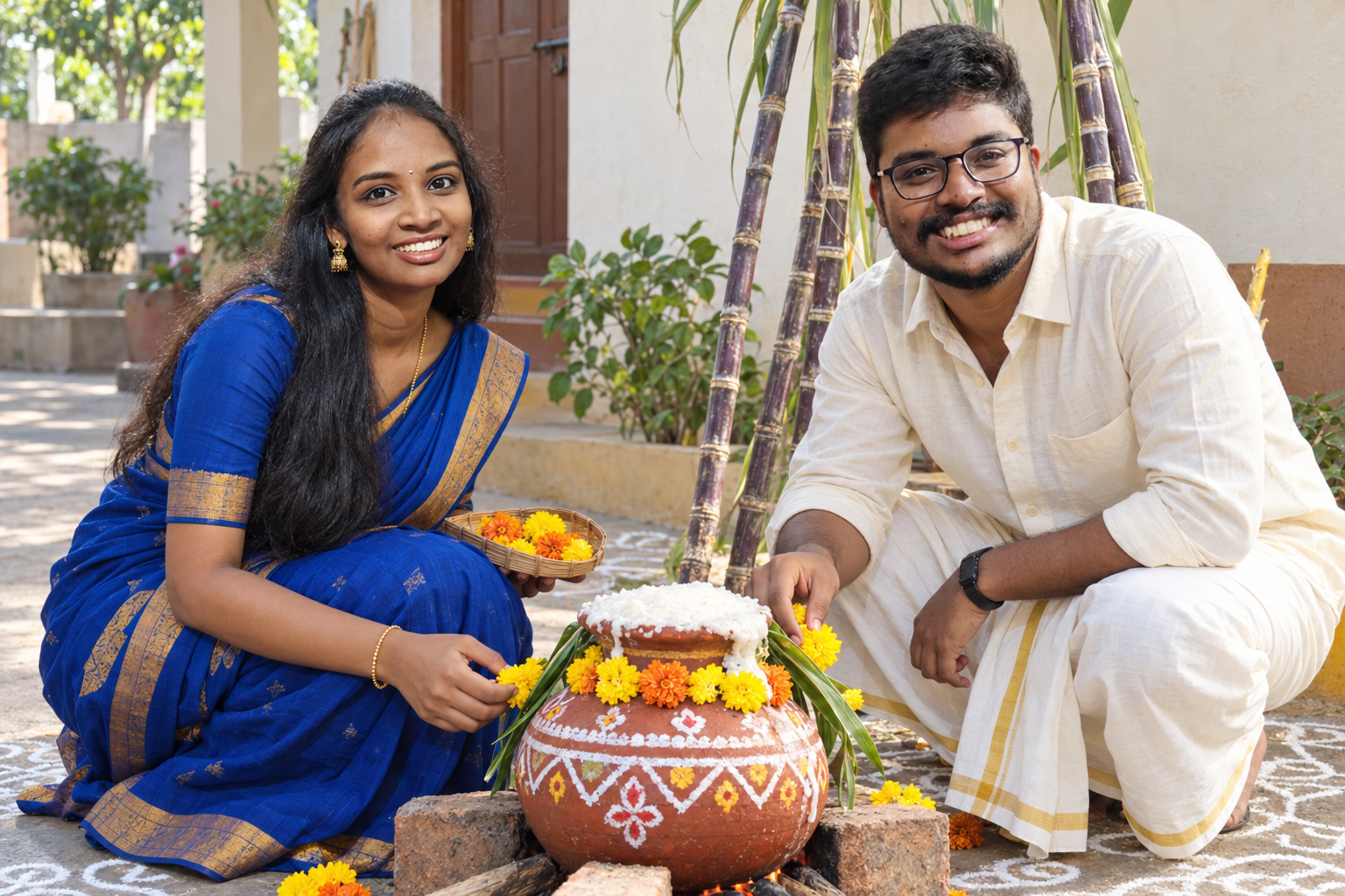 A hopeful scene for 2027: kavya and Gowtham annayya celebrating Sankranti beside a decorated Pongal pot