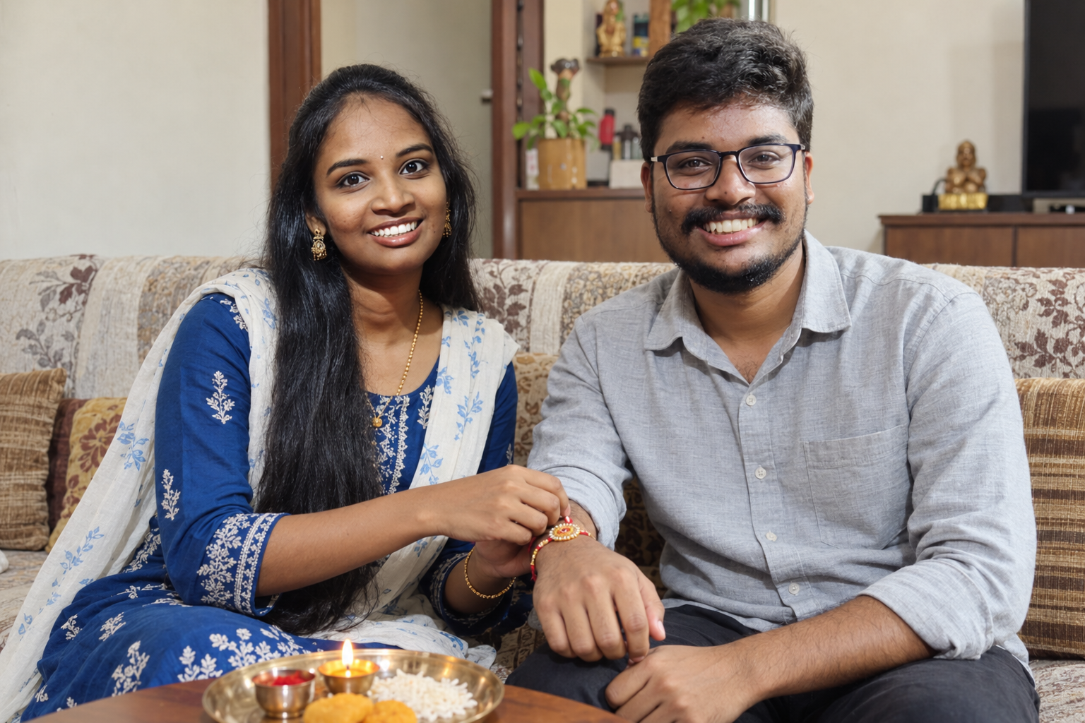 A hopeful scene for 2027: kavya tying a rakhi on Gowtham annayya’s wrist at home