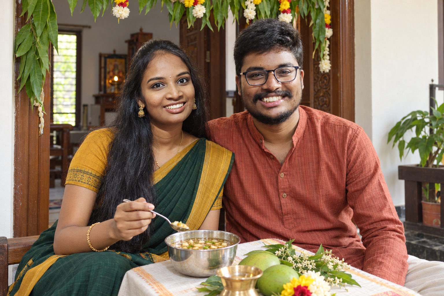 A hopeful scene for 2027: kavya and Gowtham annayya celebrating Ugadi with pachadi and mango leaves at home