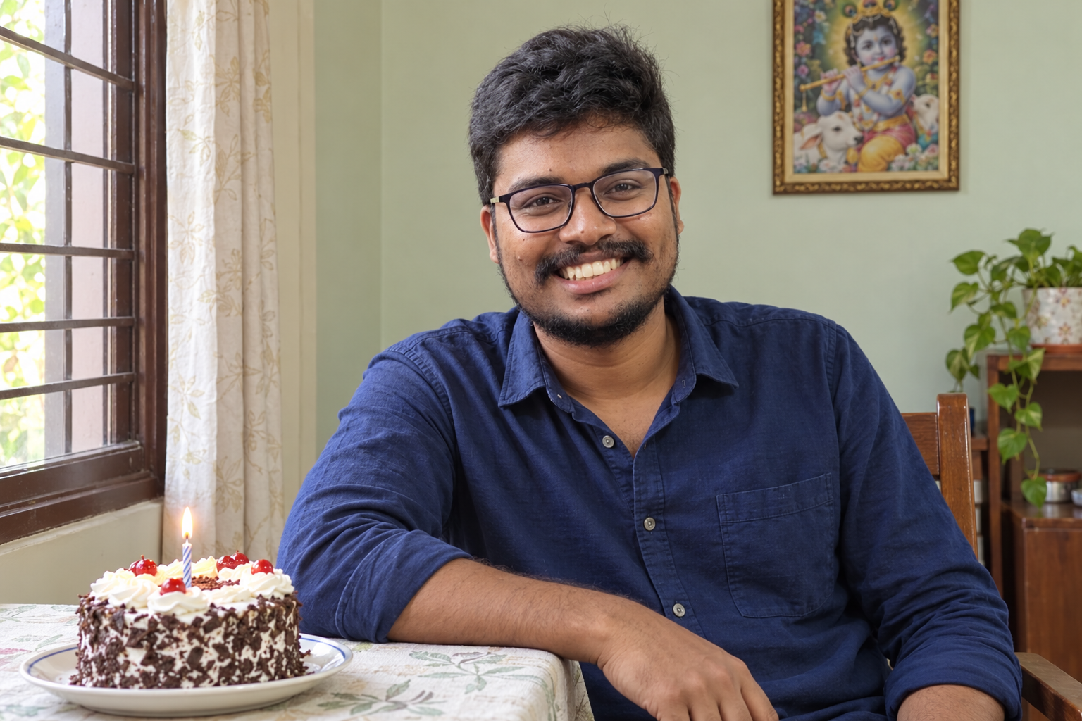 A hopeful scene for 2027: a birthday portrait of Gowtham annayya beside a window at home