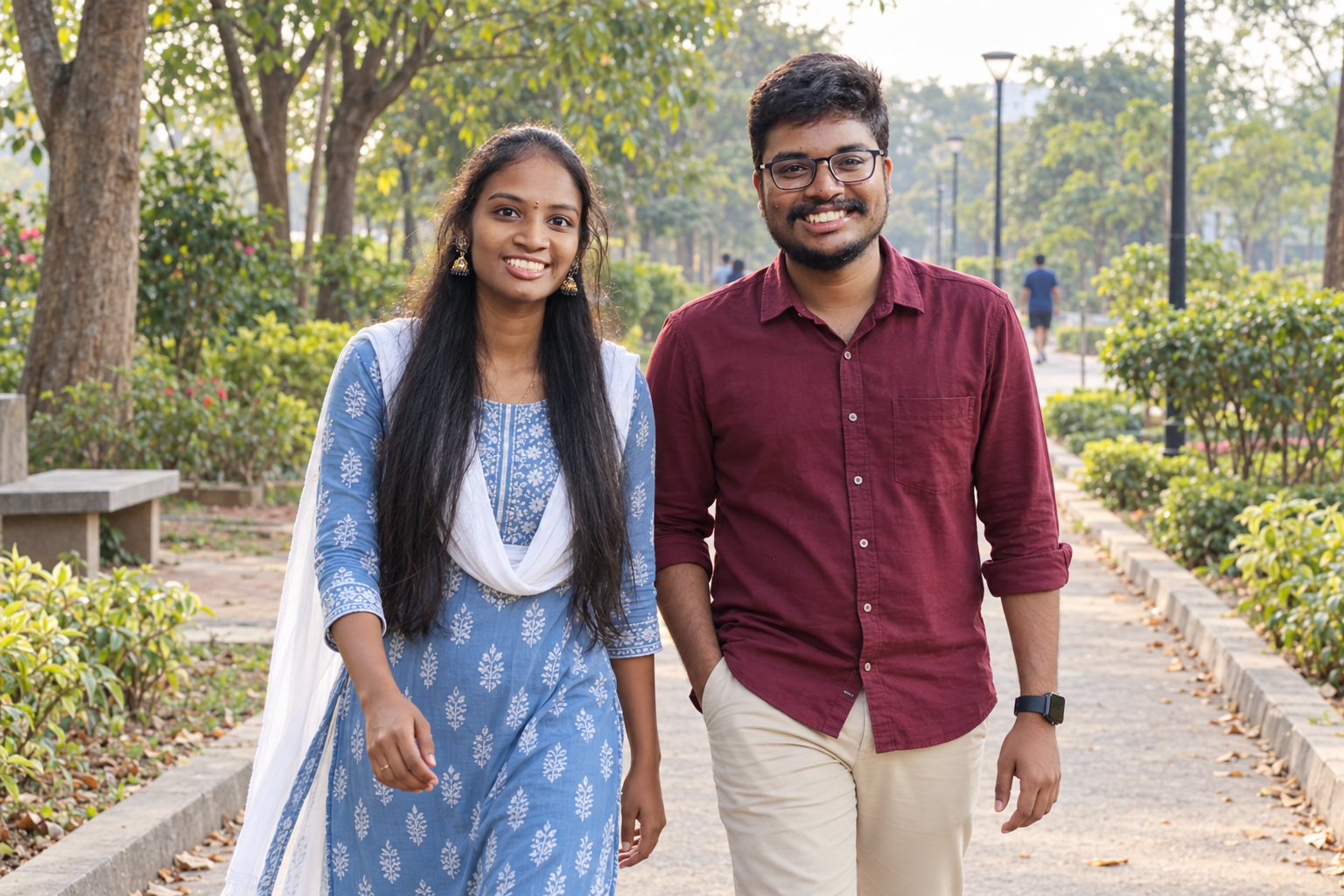A hopeful scene for 2027: kavya and Gowtham annayya walking together in a leafy park
